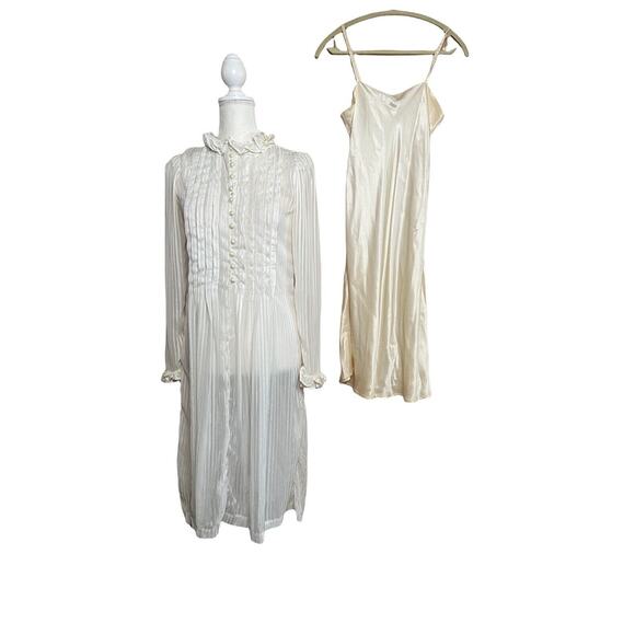 vintage 60s 70s victorian 2 pieces sheer midi dress Shirred Ruffle Neck Ivory - Picture 4 of 6